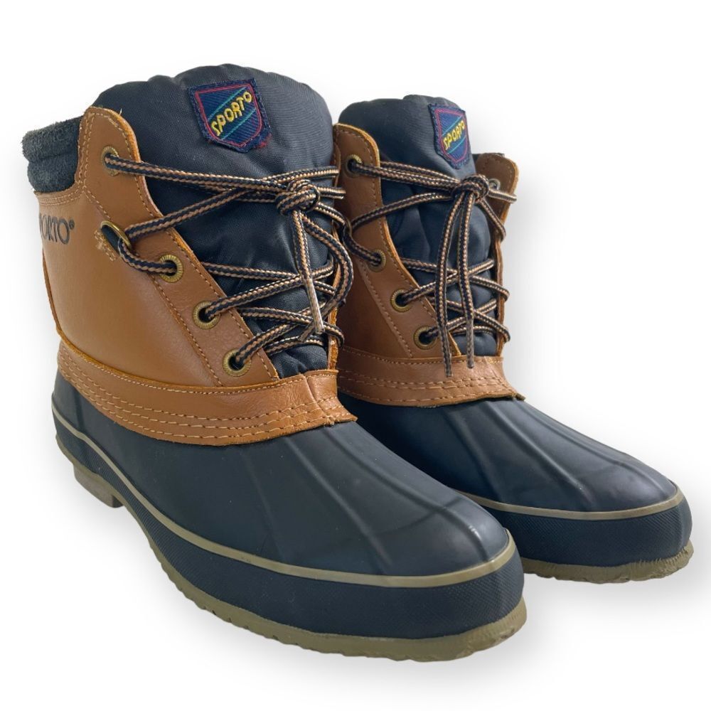Sporto Duck Boots Thermolite Navy Tan Leather Lace Up Insulated Lining